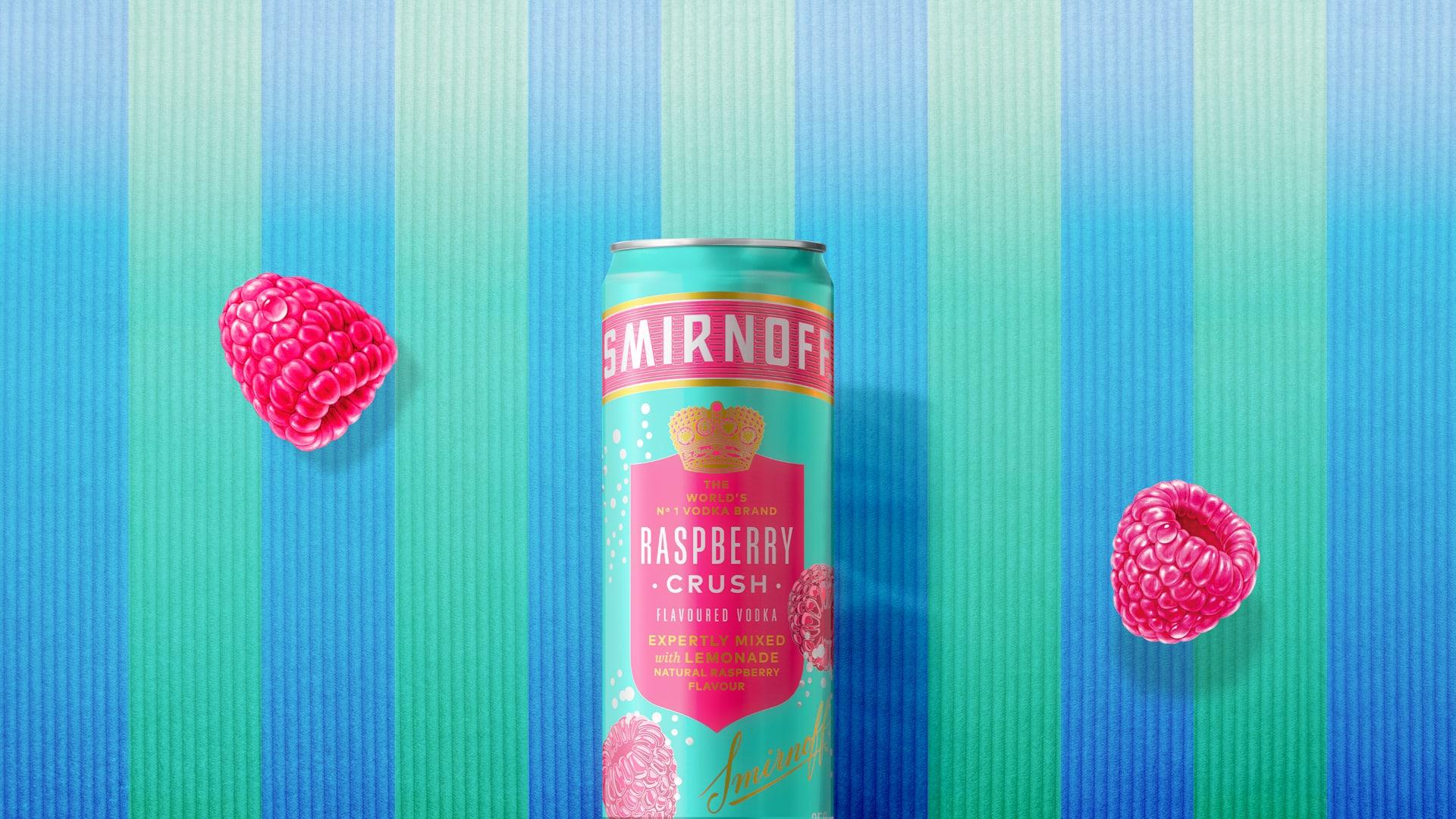Raspberry Crush & Lemonade Premix on a striped background