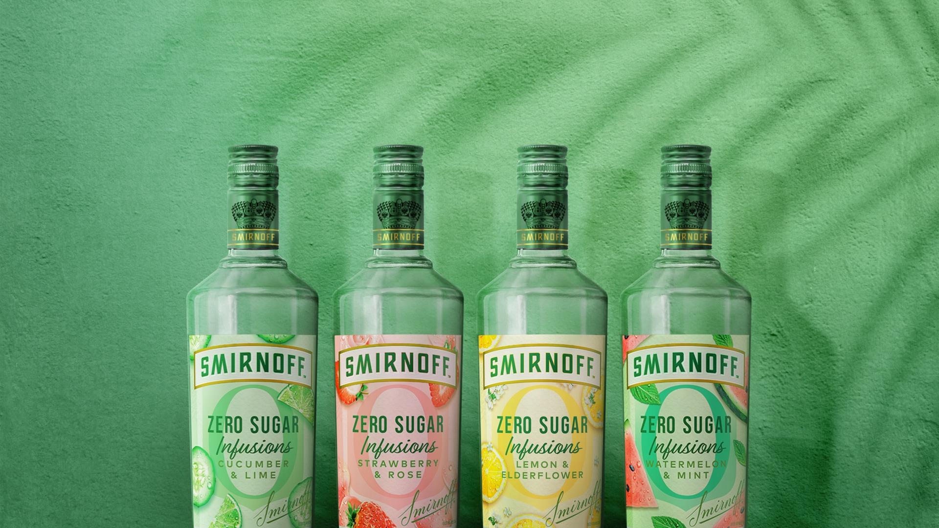 Smirnoff Zero Sugar Infusions Cucumber and Lime X Smirnoff Zero Sugar Infusions Strawberry and Rose X Smirnoff Zero Sugar Infusions Lemon and Elderflower X Smirnoff Zero Sugar Infusions Watermelon and Mint on a green background with a palm shadow