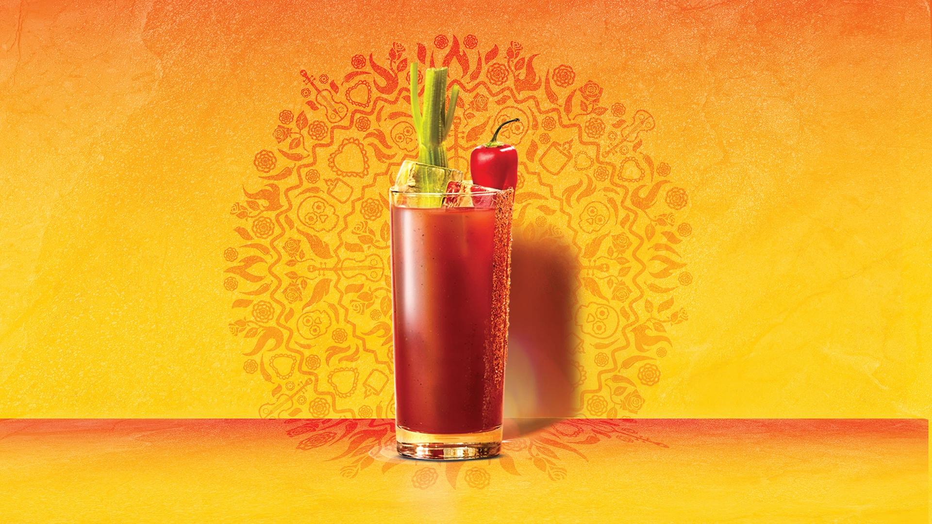 Smirnoff Bloody Caesar on a yellow, red and purple aztec background