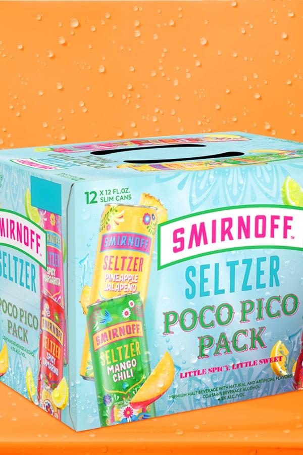 Smirnoff Seltzer Poco Pico variety pack on a bubbly background