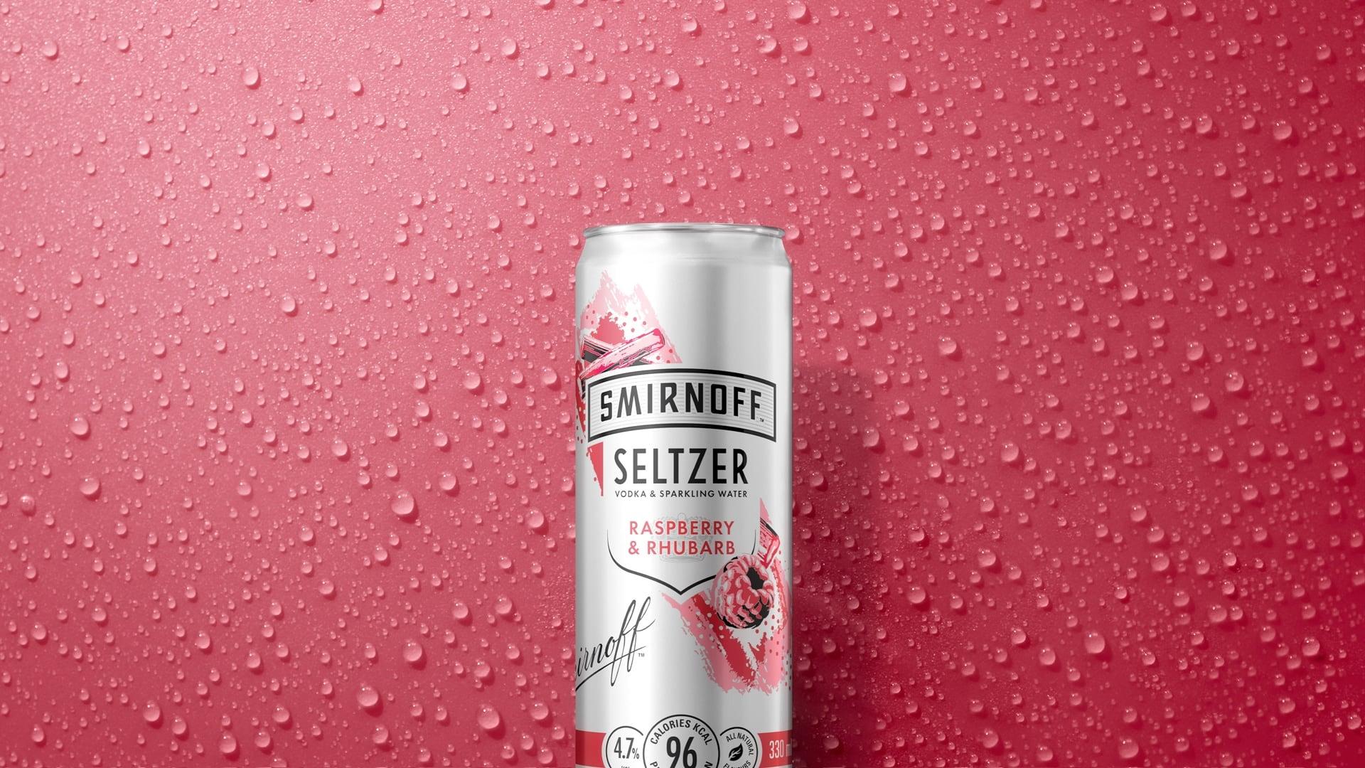 Raspberry Rhubarb Seltzer on a textured marroon background
