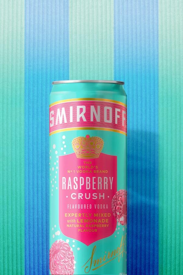 Raspberry Crush & Lemonade Premix on a striped background
