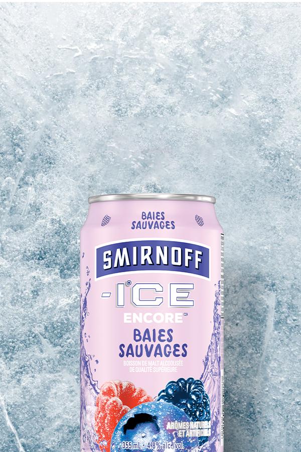 Smirnoff Ice Light Black Cherry can on a Icy background