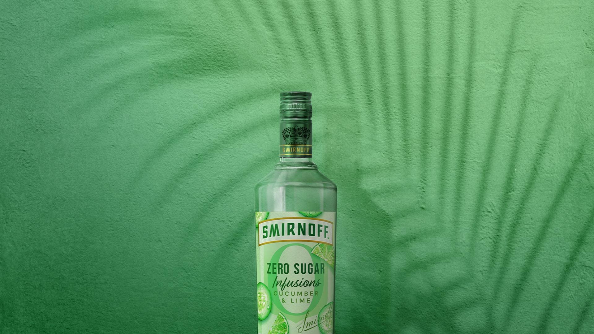 Smirnoff Zero Sugar Infusions Cucumber & Lime on green tropical background