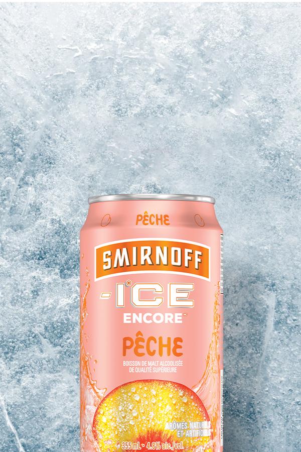 Smirnoff Ice Light White Peach can on a Icy background