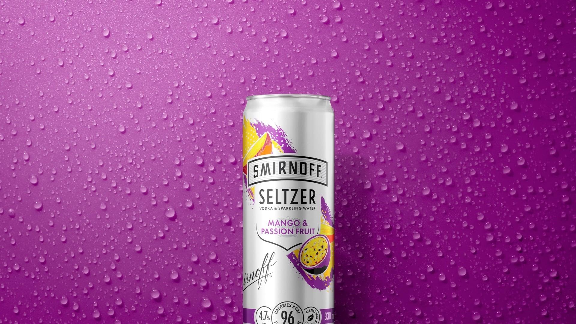 Mango Passionfruit Seltzer on a textured purple background