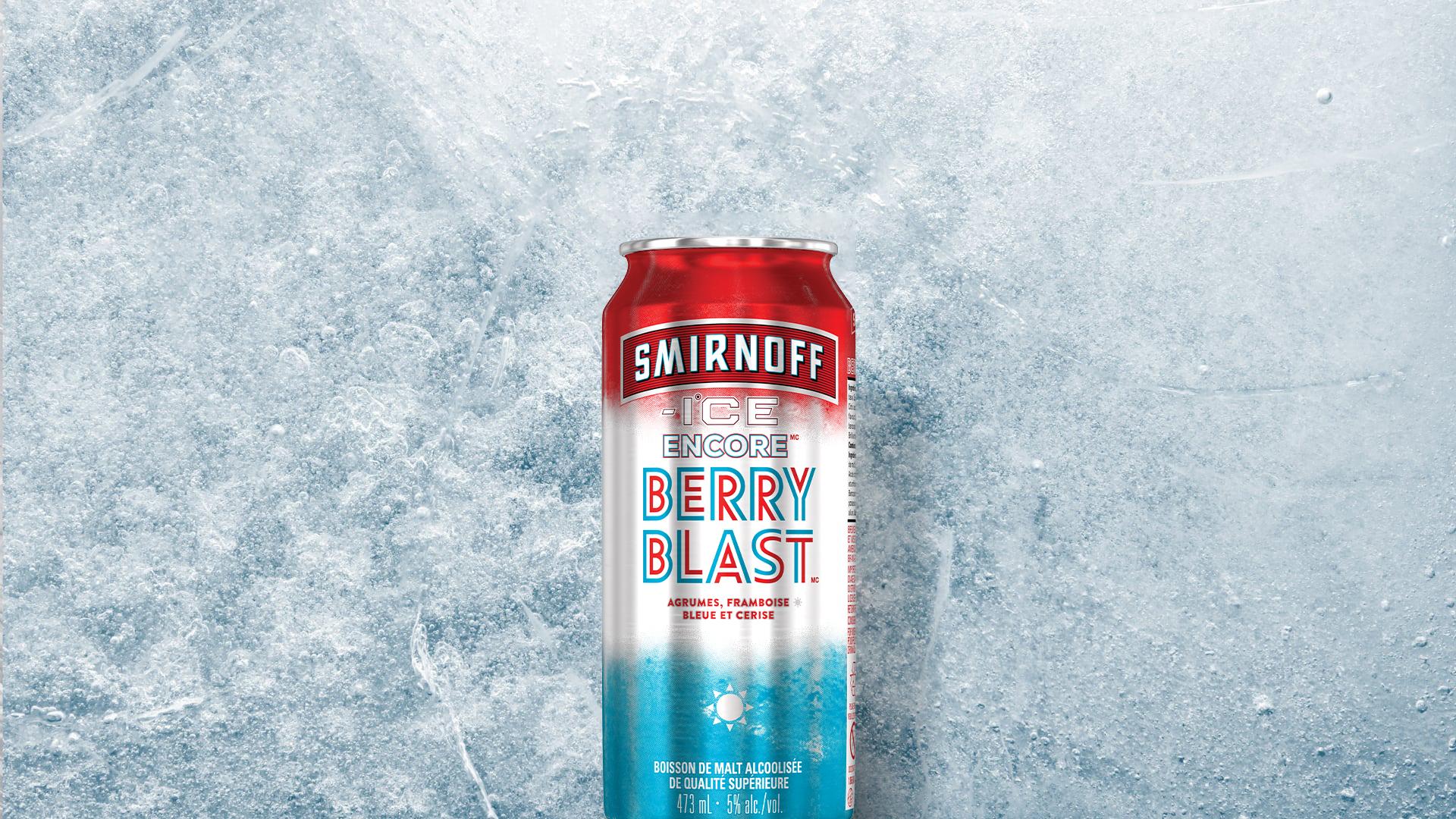 Smirnoff Ice Berry Blast on an ice background