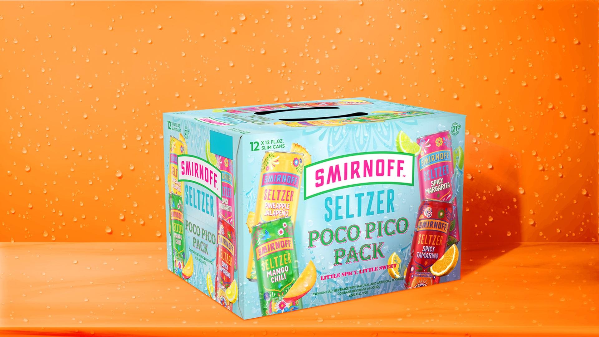 Smirnoff Seltzer Poco Pico variety pack on a bubbly background