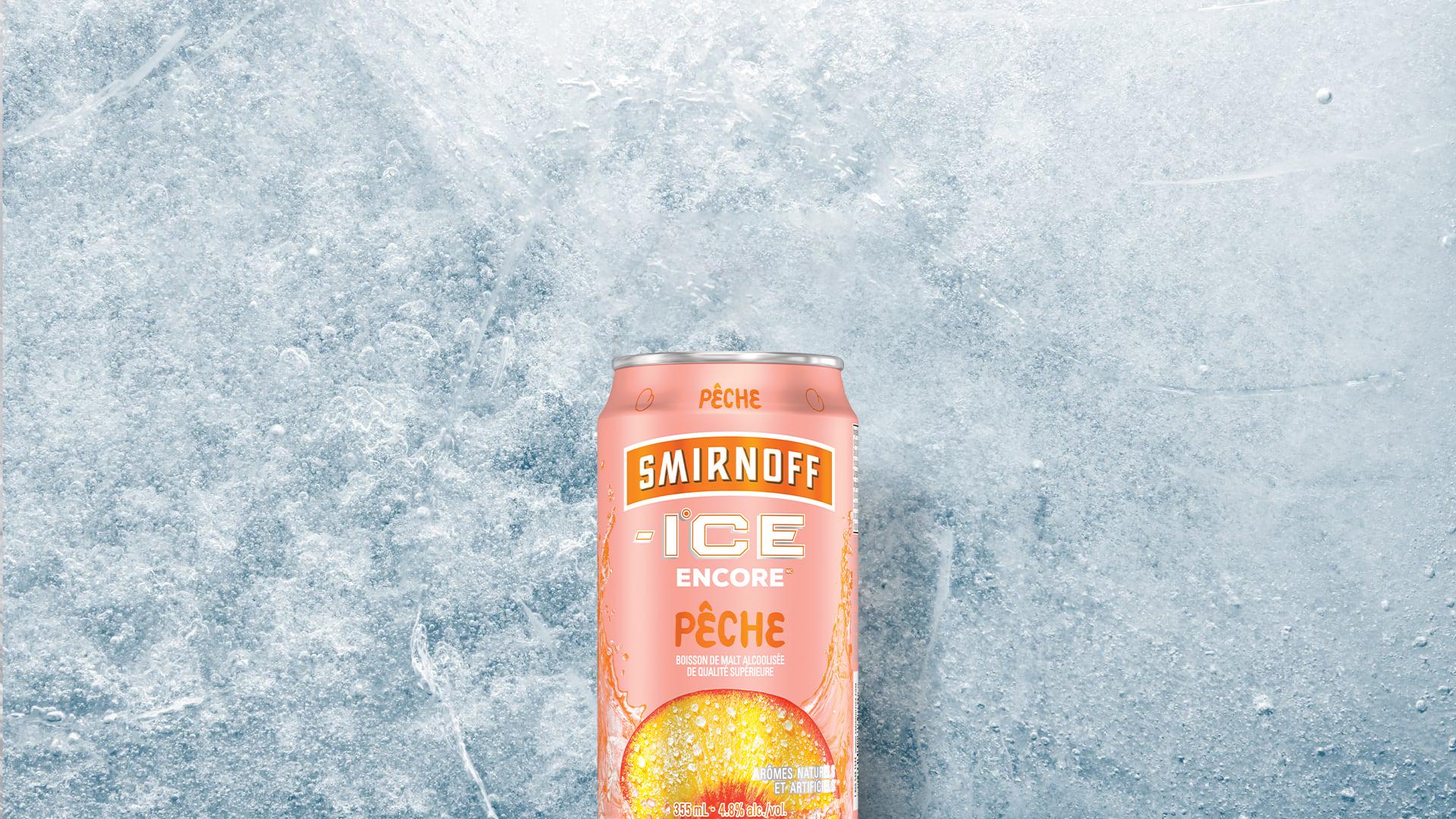Smirnoff Ice Light White Peach can on a Icy background