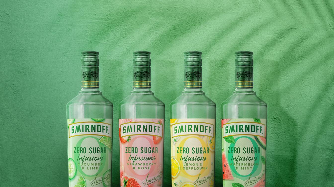 Smirnoff Zero Sugar Infusions Cucumber and Lime X Smirnoff Zero Sugar Infusions Strawberry and Rose X Smirnoff Zero Sugar Infusions Lemon and Elderflower X Smirnoff Zero Sugar Infusions Watermelon and Mint on a green background with a palm shadow