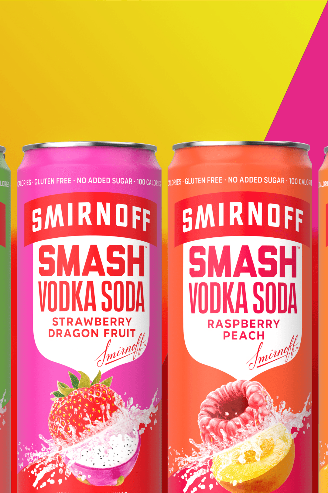 Smirnoff Smash Vodka Soda produts on a two tone background