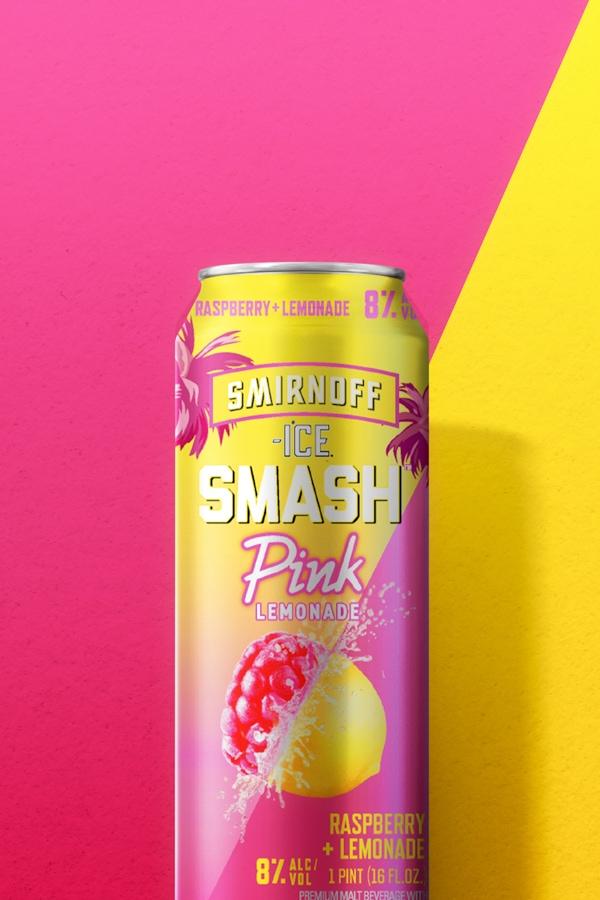 Smirnoff Ice Smash Pink Lemonade on a dual colored background