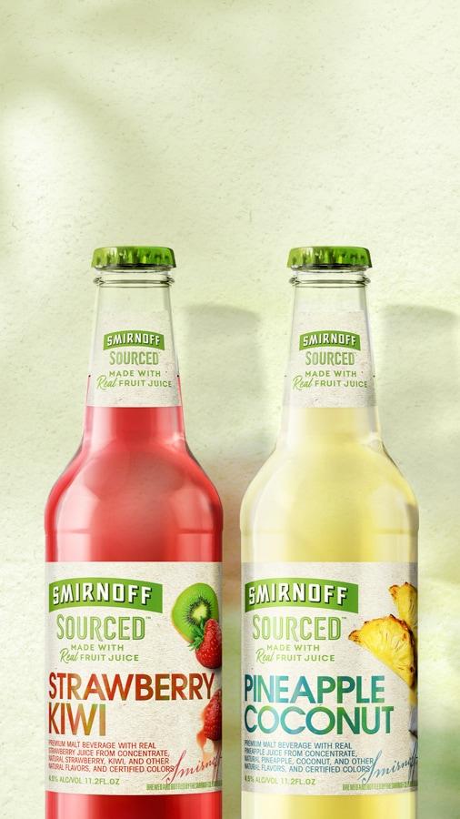 Smirnoff Sourced Strawberry Kiwi X Smirnoff sourced Pineapple & Coconut on a pale green background