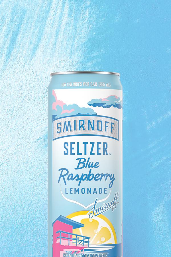 Smirnoff Seltzer Blue Raspberry Lemonade on a tropical background