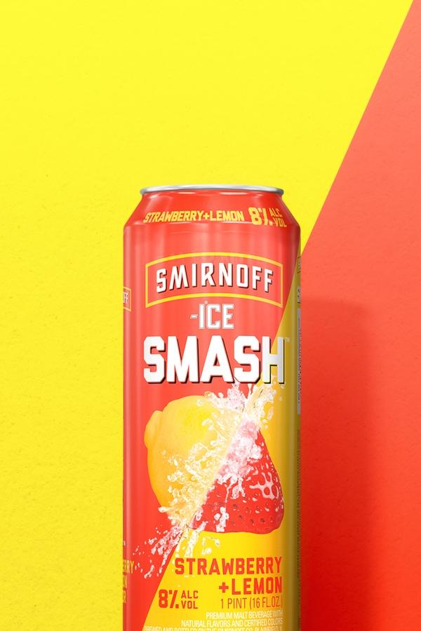 Smirnoff Ice Smash Strawberry + Lemon on a two tone background