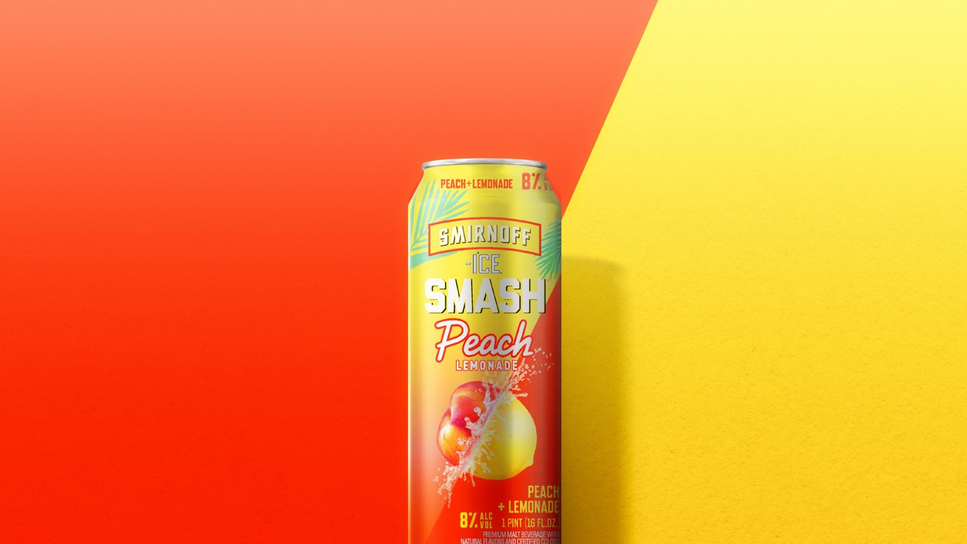 Smirnoff Ice Smash Peach Lemonade on a dual colored background