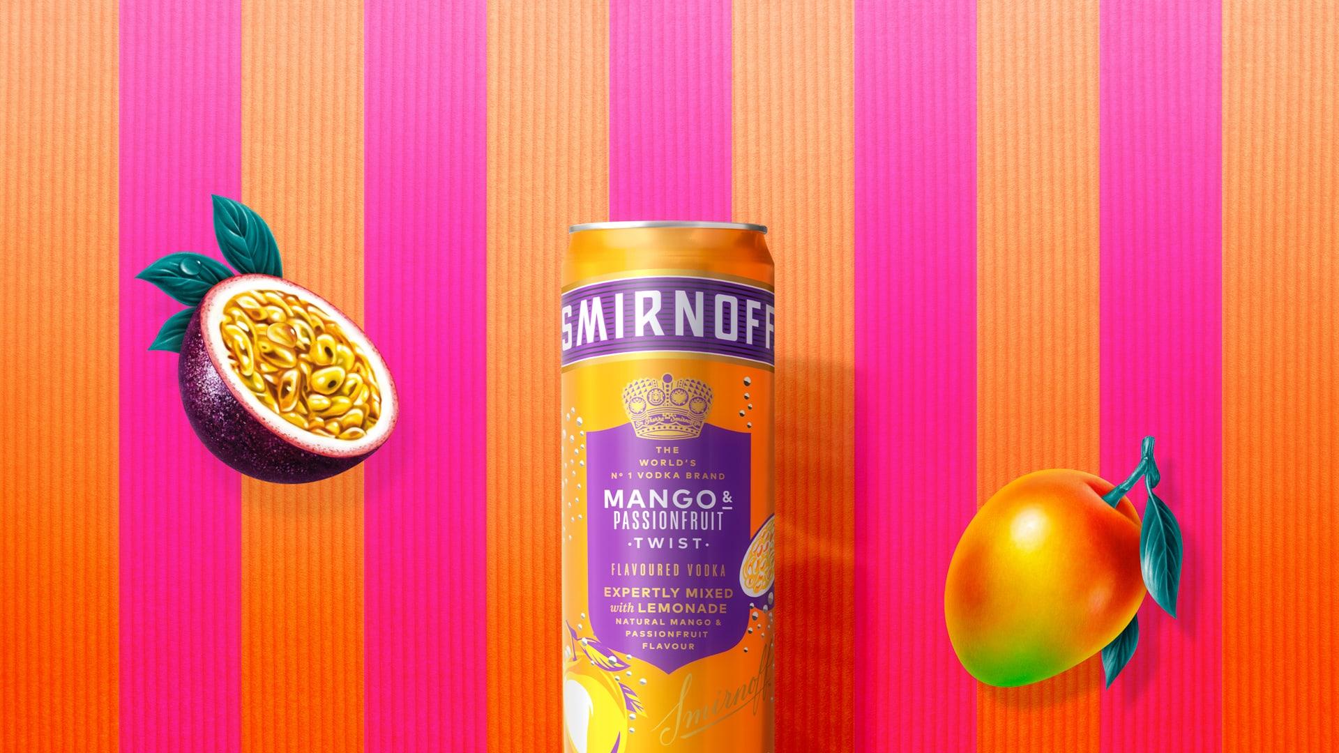 Mango & Passionfruit Twist & Lemonade Premix on a striped background