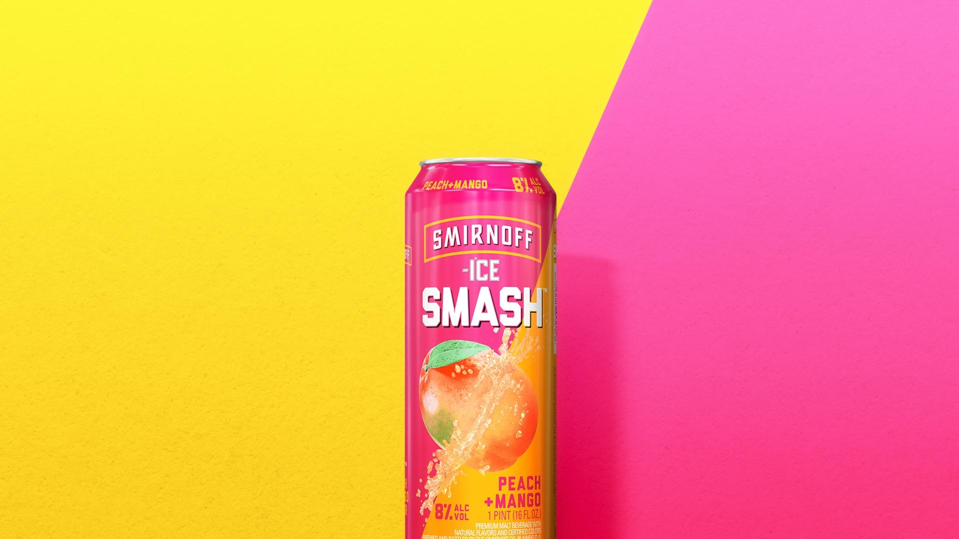 Smirnoff Ice Smash Peach + Mango on a two tone background