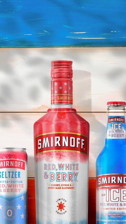 Smirnoff Seltzer Red, White & Berry  X Smirnoff Red, White & Berry X Smirnoff Ice Red, White & Berry on a blue, white and red background