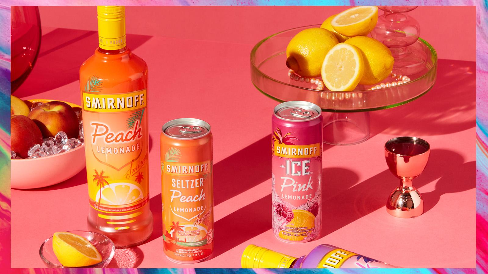 Lifestyle image showing Smirnoff Ice and Vodka Peach and Pink Lemonade cocktail preparation.