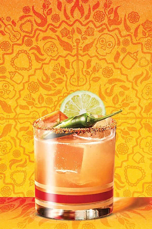Smirnoff Spicy Tamarita on a yellow, red and purple aztec background