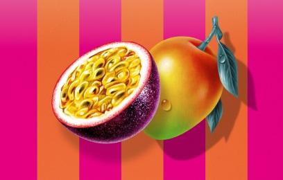 Mango and Passionfruit on striped background