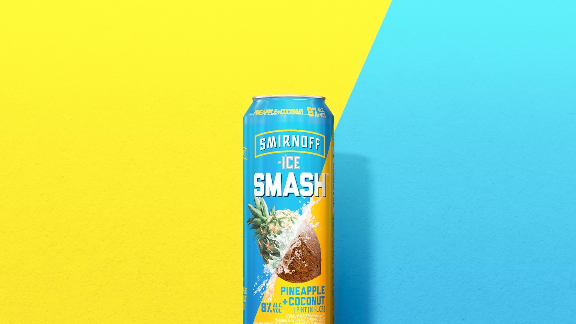 Smirnoff Ice Smash Pineapple + Coconut on a two tone background