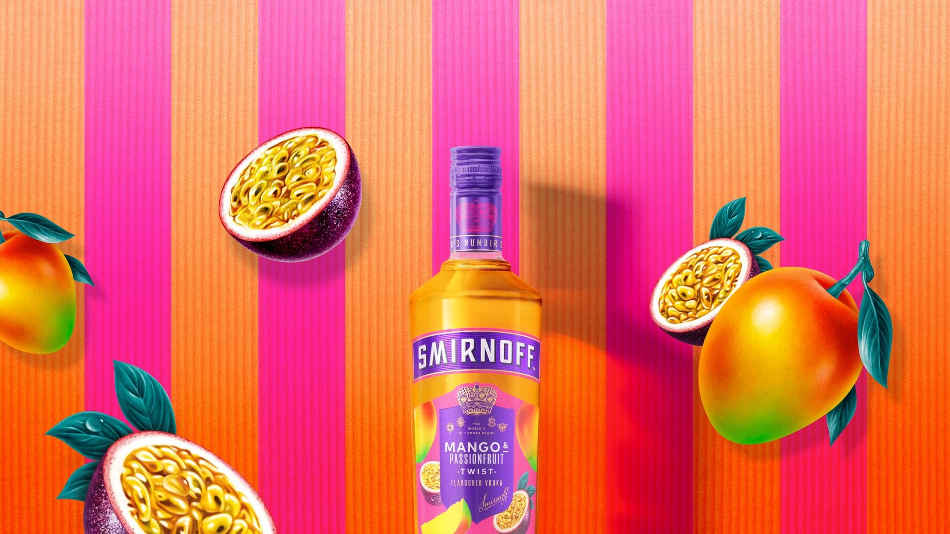 Smirnoff Mango & Passionfruit Twist on a striped background