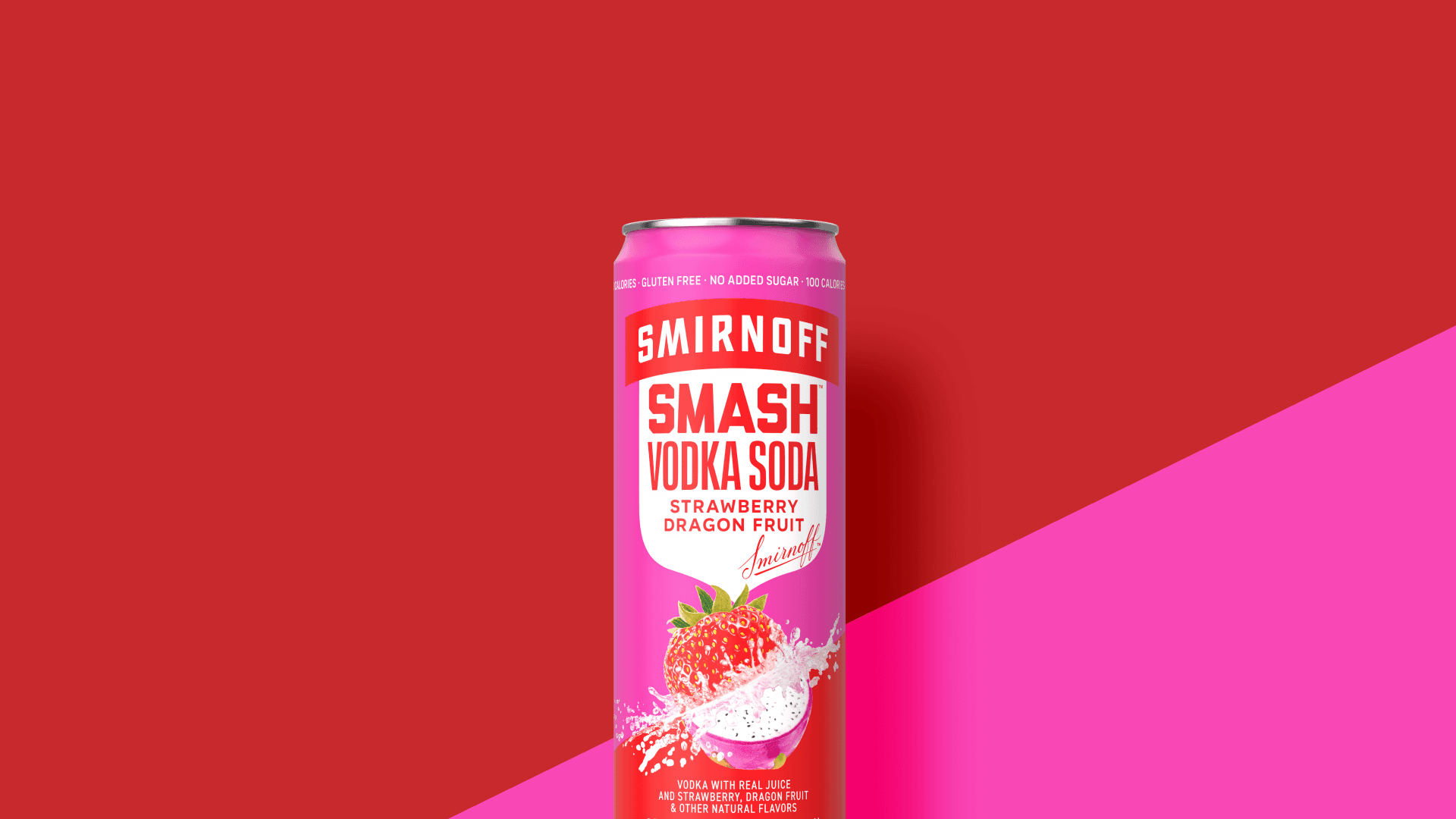 Smirnoff Smash Vodka Soda Strawberry Dragon Fruit on a two tone background