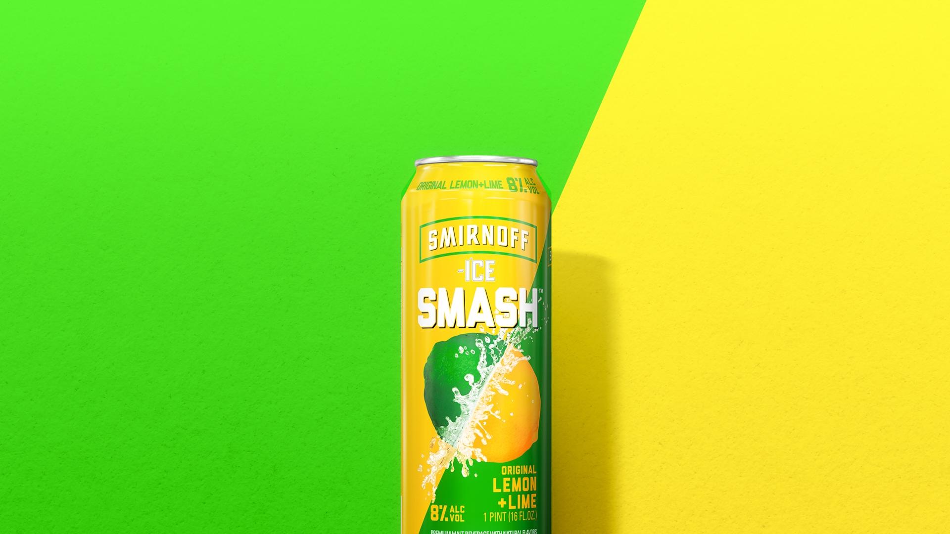 Smirnoff Ice Smash Lemon + Lime on a two tone background