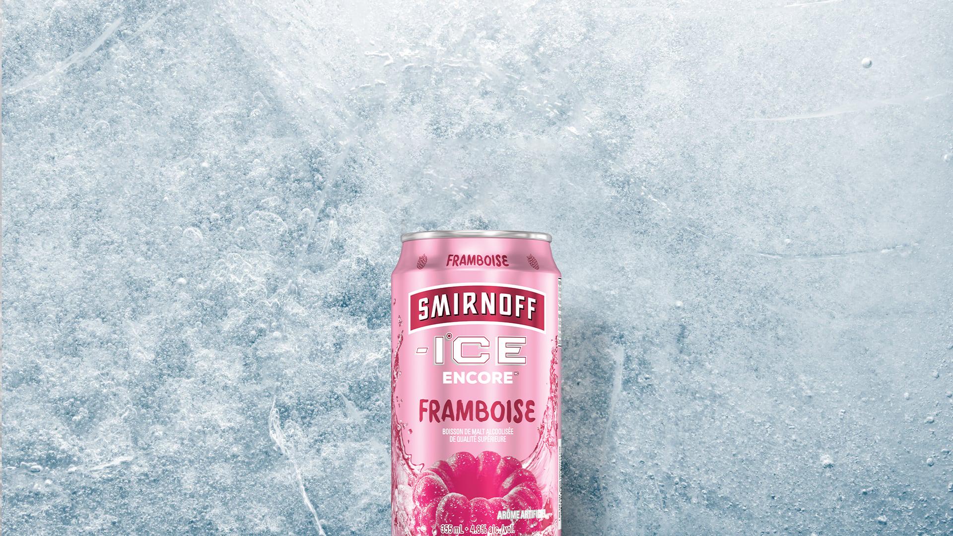Smirnoff Ice Light Raspberry can on a Icy background