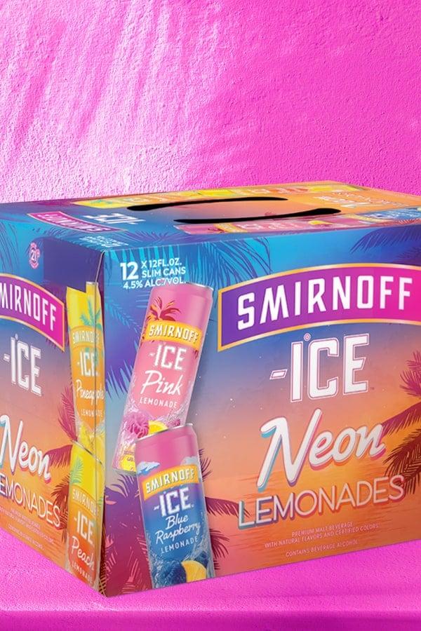Smirnoff Ice Neon Lemonade variety pack on a tropical background