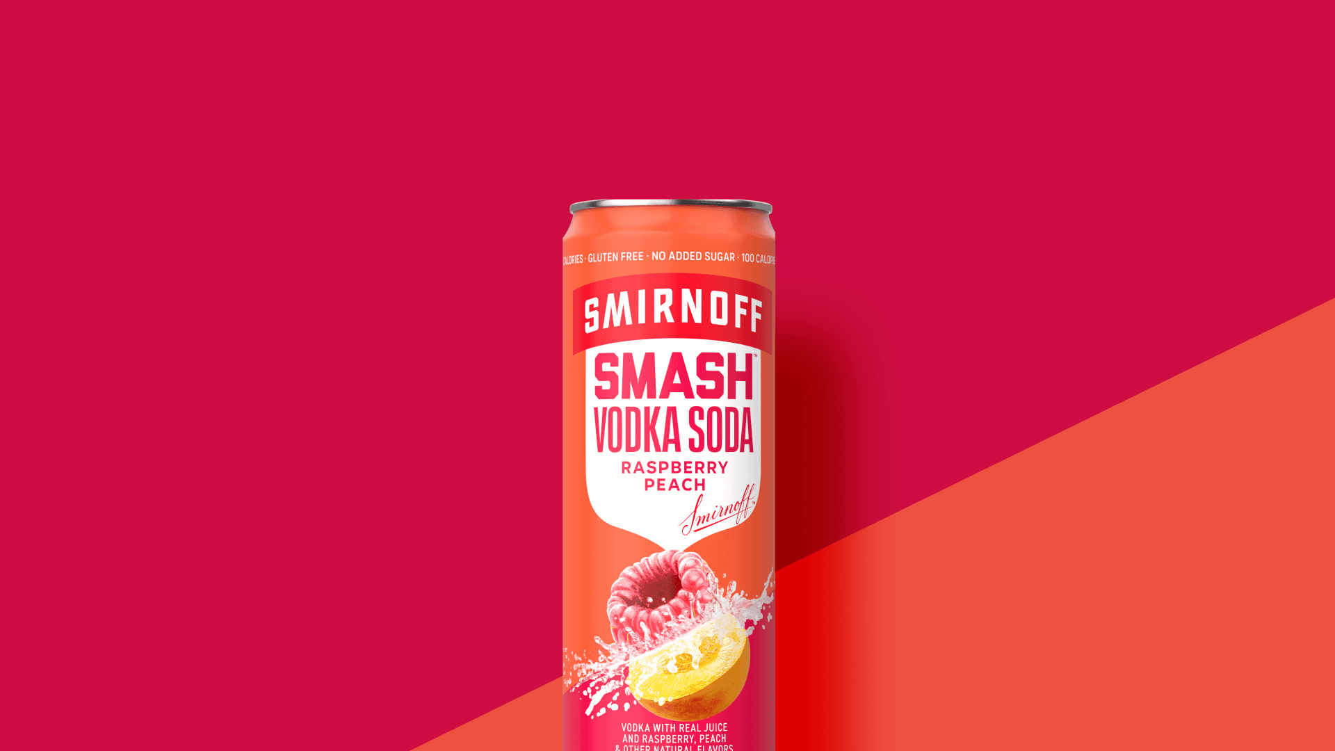 Smirnoff Smash Vodka Soda Raspberry Peach on a two tone background