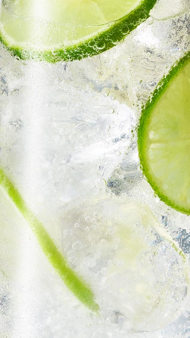 Clear liquid on ice with limes